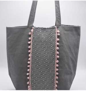 Saint Tropez bag taupe with chevron patterns and very light pink pompoms Fouta Tunisia - 2