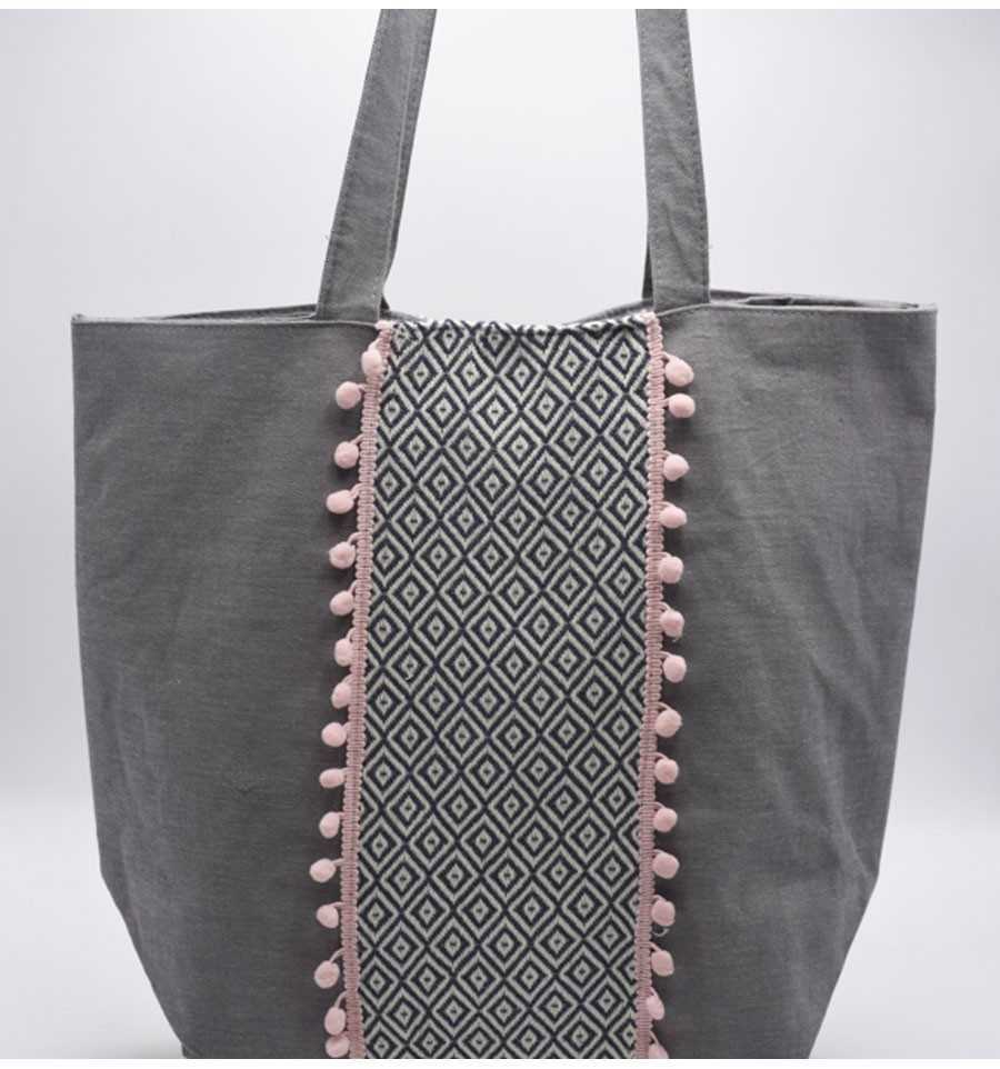 Saint Tropez bag taupe with chevron patterns and very light pink pompoms Fouta Tunisia - 2
