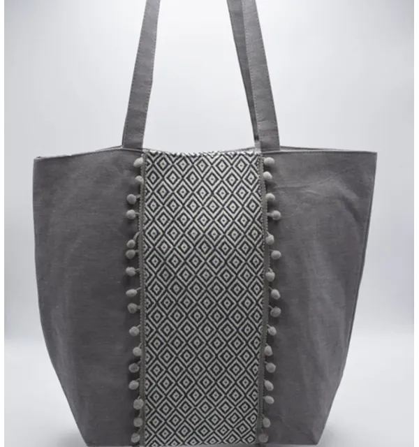 Saint Tropez bag taupe with chevron patterns and pompoms Fouta Tunisia - 1