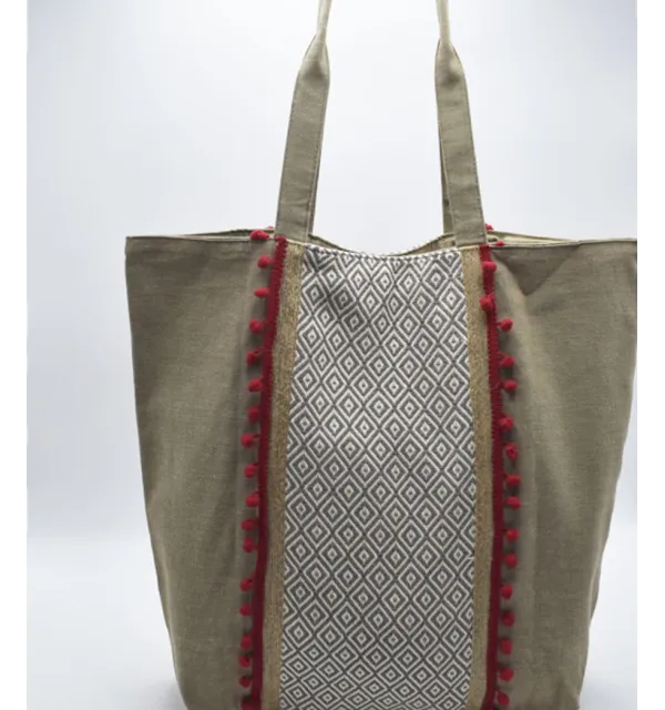 Saint Tropez bag beige with chevron patterns and red pompoms Fouta Tunisia - 1
