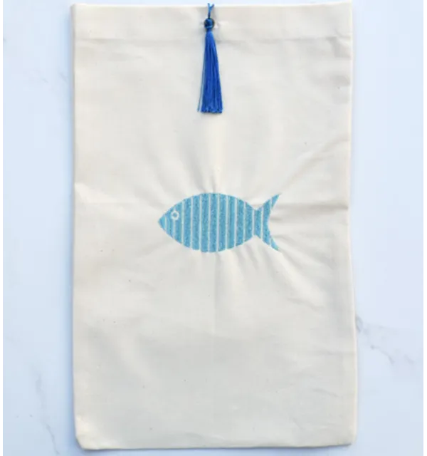 Pouch light beige embroidered with turquoise color and with pompom Fouta Tunisia - 1