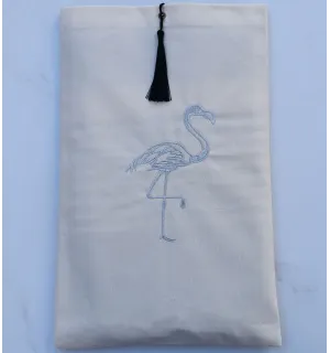Pouch light beige with silver flamingo embroidery and pompom Fouta Tunisia - 1 2