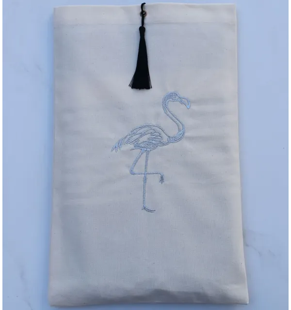 Pouch light beige with silver flamingo embroidery and pompom Fouta Tunisia - 2