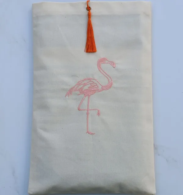 Pouch light beige with embroidered flamingo and orange pompom Fouta Tunisia - 1