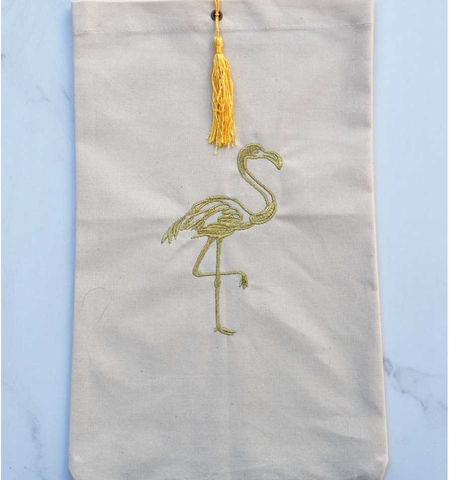 Pouch light beige flamingo-embroidered with pompom Fouta Tunisia - 1