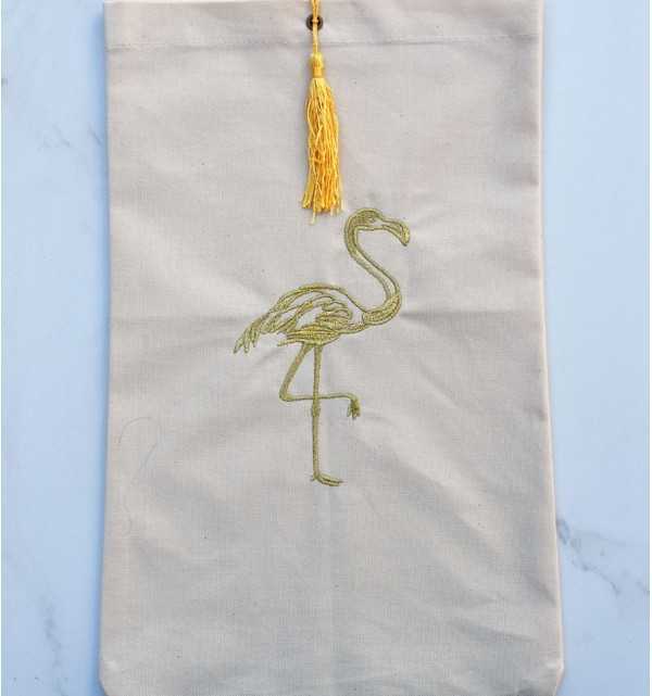 Pouch light beige flamingo-embroidered with pompom Fouta Tunisia - 1