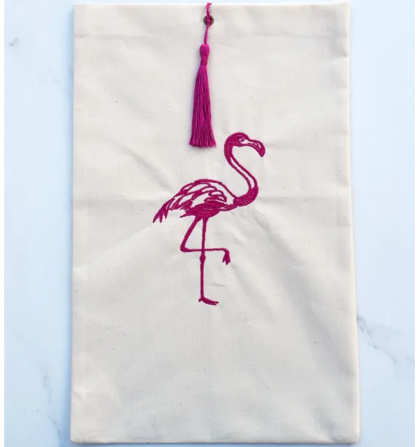 Pouch light beige embroidered flamingo with pink pompom Fouta Tunisia - 1