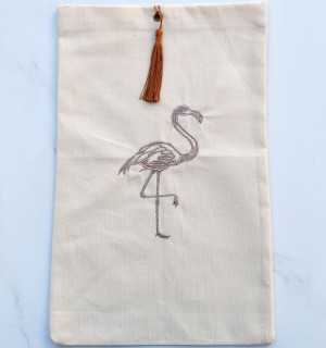 Pouch light beige embroidered flamingo with rust pompom Fouta Tunisia - 1