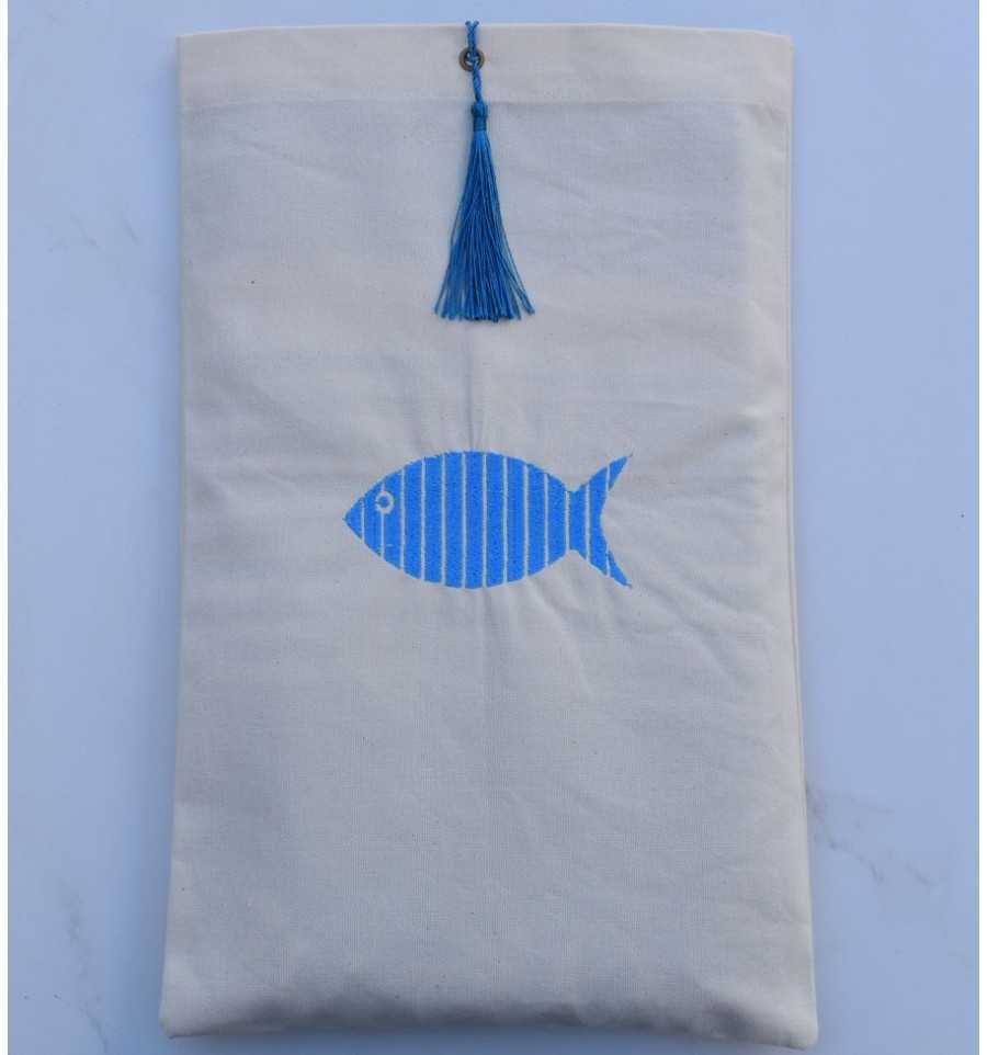 Light beige bag pouch, teal blue pompom Fouta Tunisia - 1