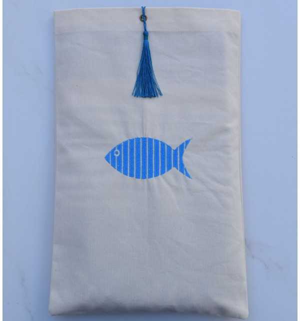 Light beige bag pouch, teal blue pompom Fouta Tunisia - 1
