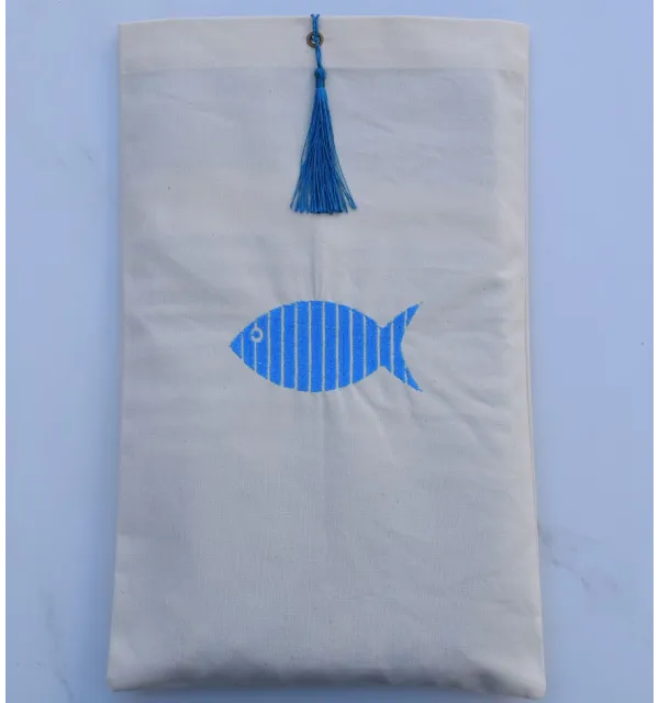 Light beige bag pouch, teal blue pompom Fouta Tunisia - 1