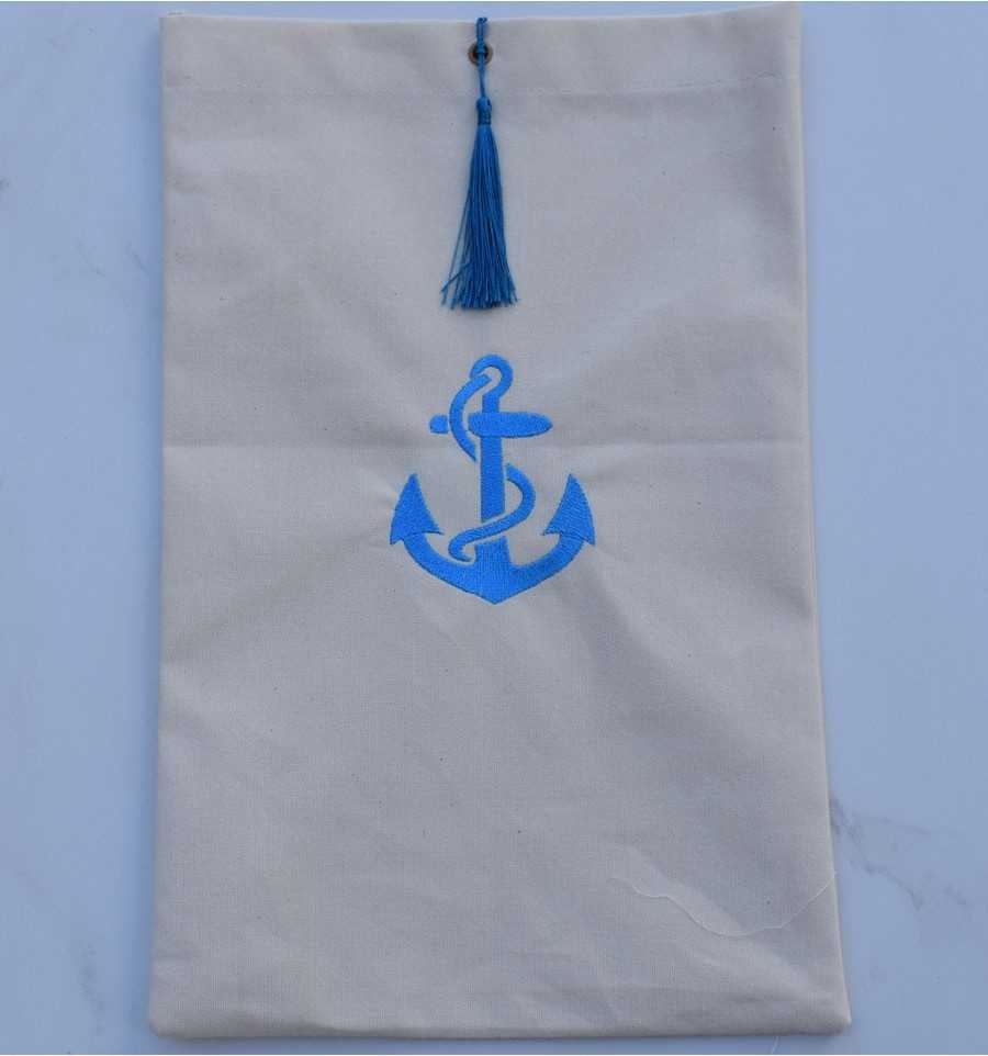 Pouch light beige embroidered with azure blue anchor pattern with pompom Fouta Tunisia - 1