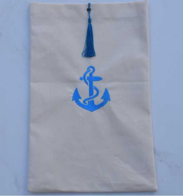 Pouch light beige embroidered with azure blue anchor pattern with pompom Fouta Tunisia - 1
