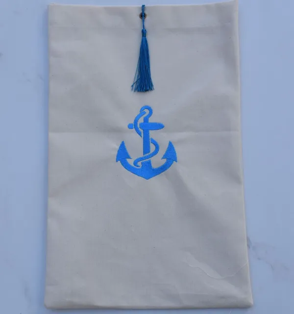 Pouch light beige embroidered with azure blue anchor pattern with pompom Fouta Tunisia - 1