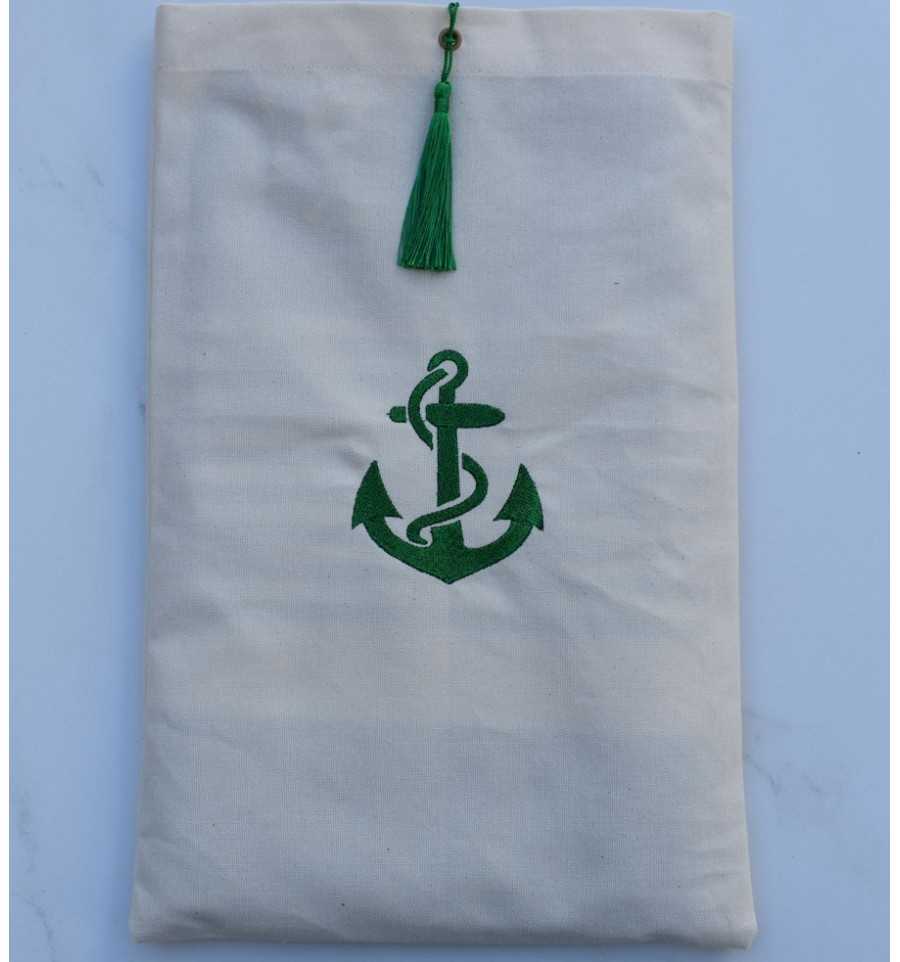 Pouch light beige embroidered anchor motif and with green pompom Fouta Tunisia - 1