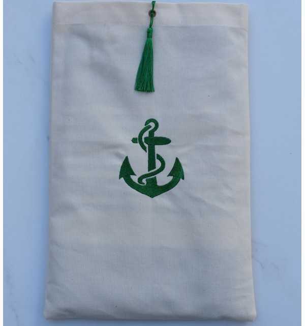 Pouch light beige embroidered anchor motif and with green pompom Fouta Tunisia - 1