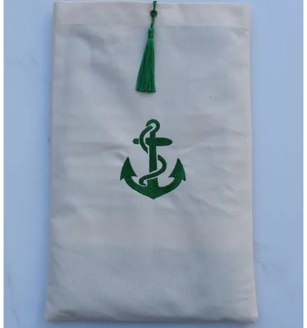 Pouch light beige embroidered anchor motif and with green pompom Fouta Tunisia - 1