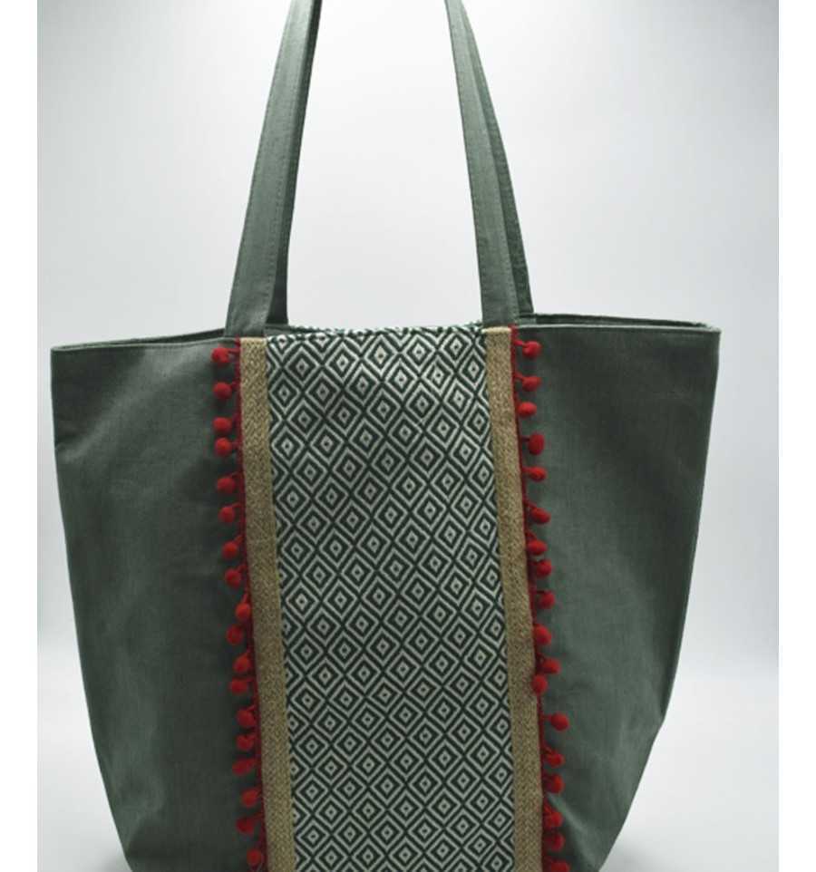 Saint Tropez bag green with chevron patterns and red pompoms Fouta Tunisia - 1