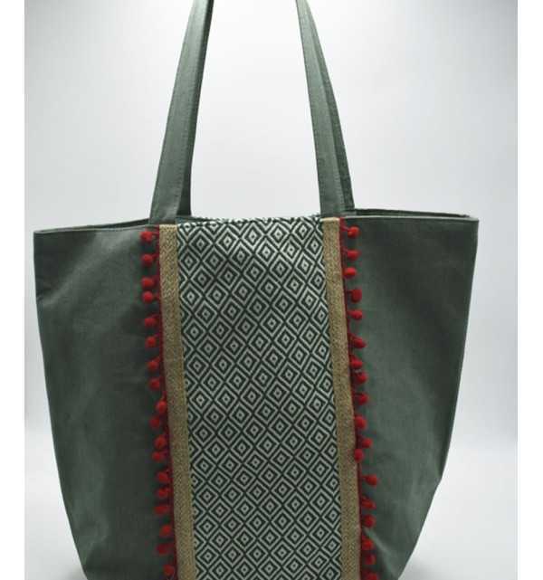 Saint Tropez bag green with chevron patterns and red pompoms Fouta Tunisia - 1
