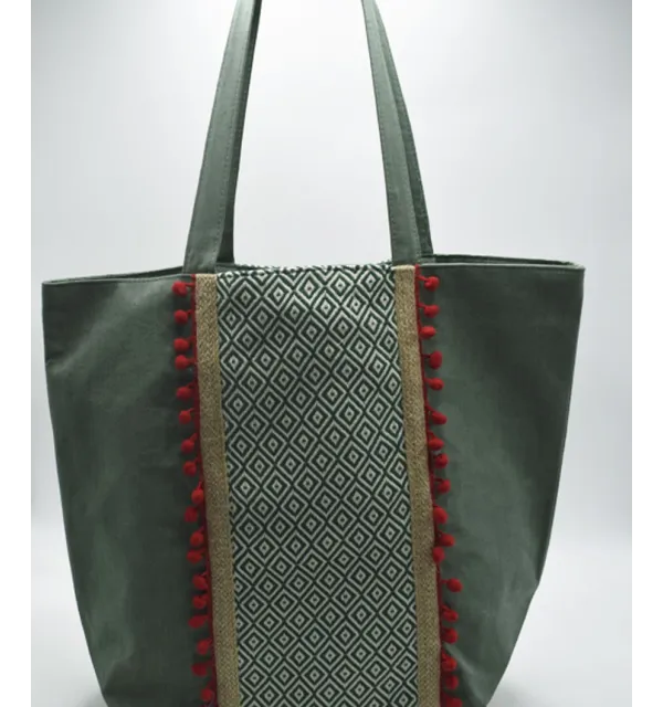 Saint Tropez bag green with chevron patterns and red pompoms Fouta Tunisia - 1