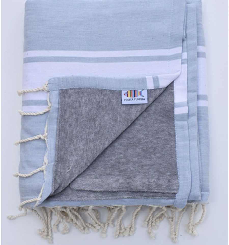Beach towel doubled sponge smoke blue and gray Fouta Tunisia - 1