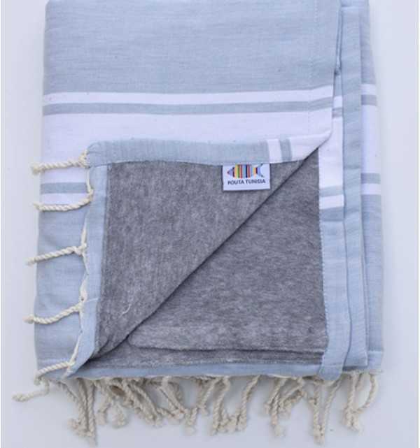 Beach towel doubled sponge smoke blue and gray Fouta Tunisia - 1