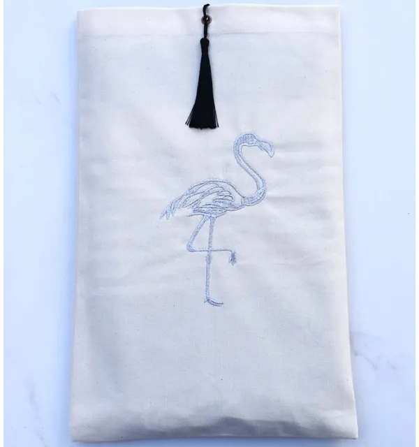 Pouch light beige with silver flamingo embroidery and pompom Fouta Tunisia - 1