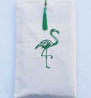 Pouch light beige embroidered flamingo with green pompom Fouta Tunisia - 1