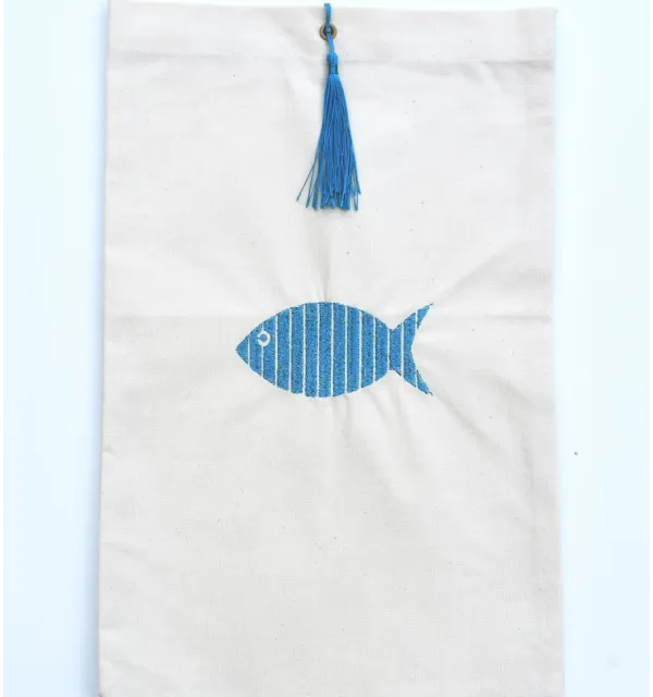 Pouch light beige  embroidered fish with pompom Fouta Tunisia - 1
