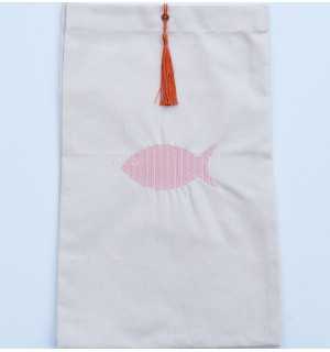Pouch light beige embroidered with orange pompom Fouta Tunisia - 1