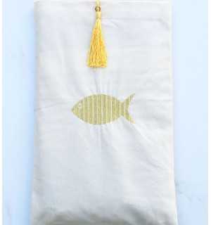 Pouch light beige embroidered with yellow pompom Fouta Tunisia - 1 2