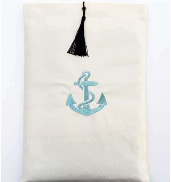 Pouch light beige embroidered with turquoise anchor motif and pompom Fouta Tunisia - 1