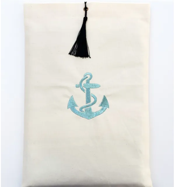 Pouch light beige embroidered with turquoise anchor motif and pompom Fouta Tunisia - 1
