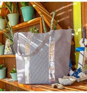 Saint Tropez bag taupe with chevron patterns Fouta Tunisia - 1