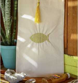 Pouch light beige embroidered with yellow pompom Fouta Tunisia - 1