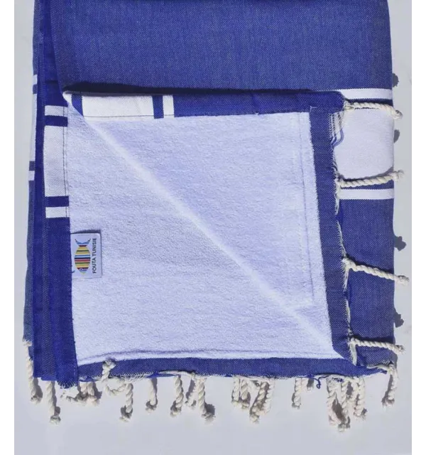 Flat blue and white Beach towel  Sponge Fouta Tunisia - 1