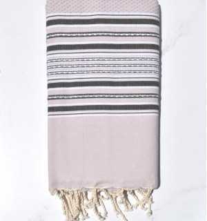 Beach towel arabesque pale pink with anthracite grey stripes Fouta Tunisia - 1