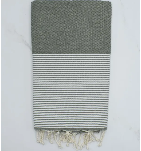 Honeycomb  military green striped white fouta Fouta Tunisia - 1