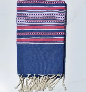 Beach towel arabesque blue with pink stripes Fouta Tunisia - 1