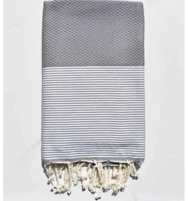 Honeycomb light grey striped white beach towel Fouta Tunisia - 1