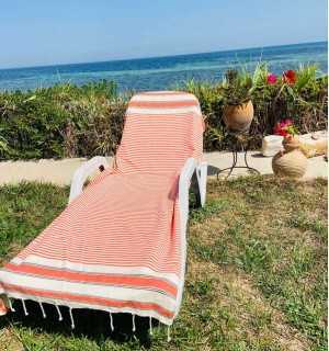 Beach towel cream white, orange and black Fouta Tunisia - 1