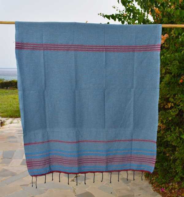 Beach towel arabesque light blue, light gray and red Fouta Tunisia - 1