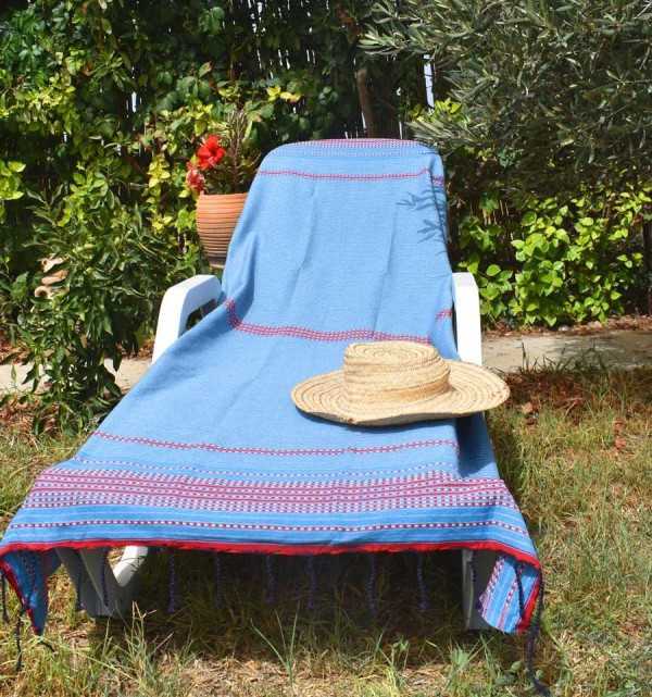 Beach towel arabesque light blue, light gray and red Fouta Tunisia - 4