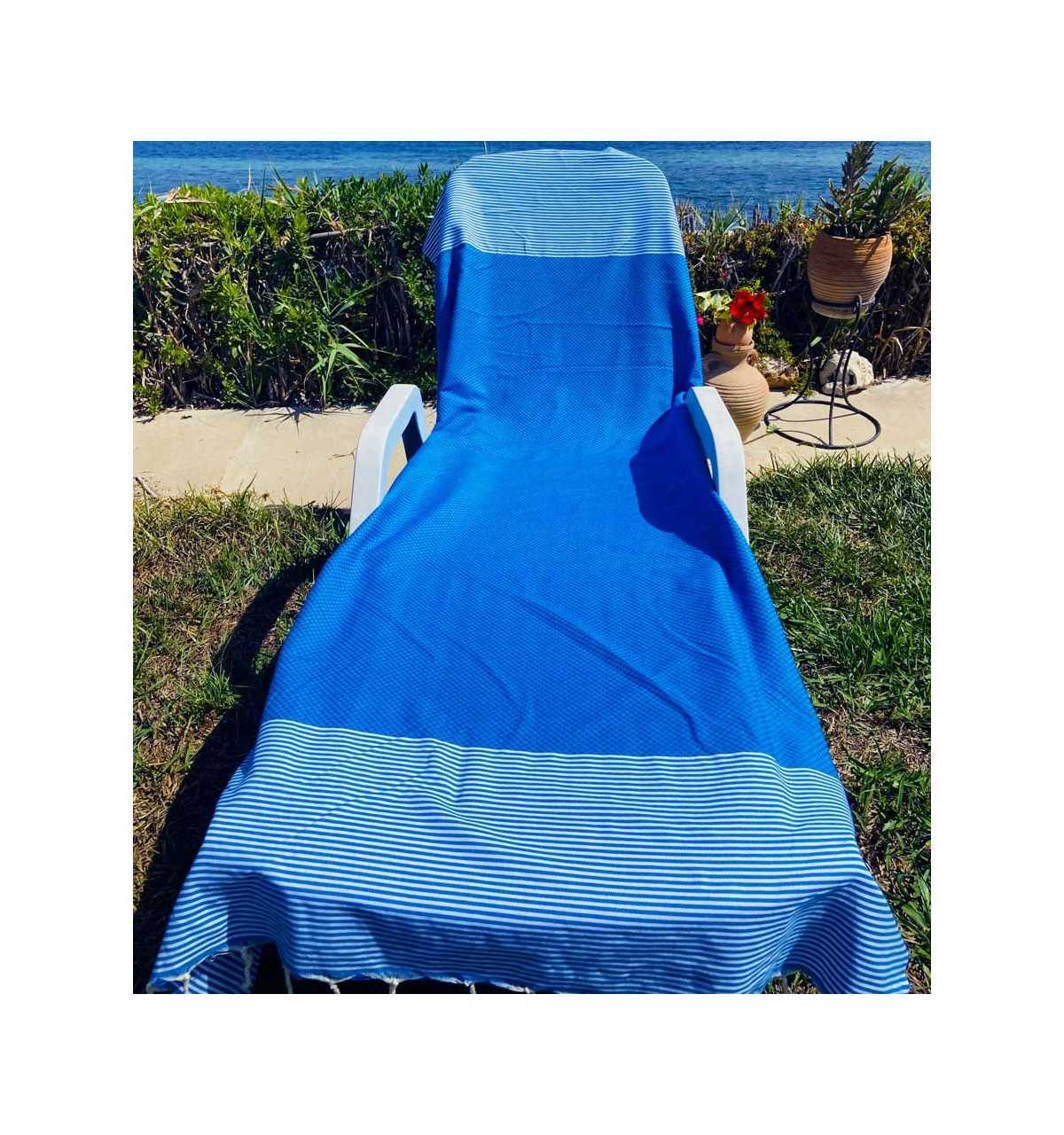 Bech towel honeycomb electric blue striped white FOUTA TUNISIA