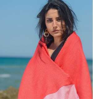 Honeycomb gooseberry red striped white fouta - FOUTA TUNISIA 2