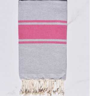 Beach towel gray with fuchsia pink stripes Fouta Tunisia - 1 2