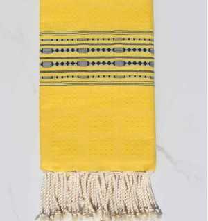 Yellow thalasso beach towel with dark blue patterns Fouta Tunisia - 1 2