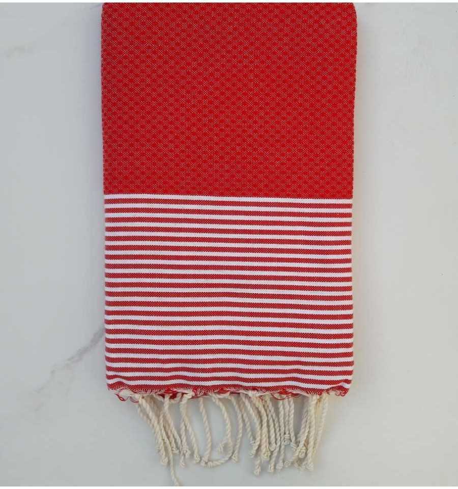 FOUTA NID D'ABEILLE rouge coraille rayée blanc 