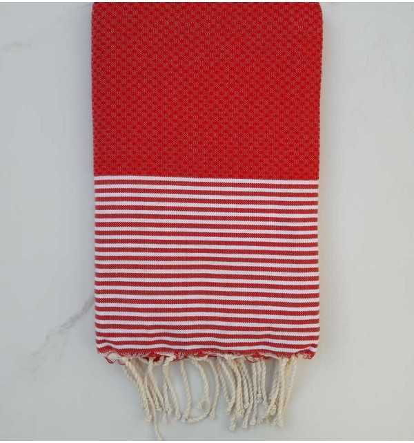 FOUTA NID D'ABEILLE rouge coraille rayée blanc 