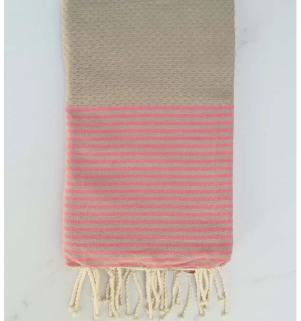 FOUTA NID D'ABEILLE marron rayée  rose corail 